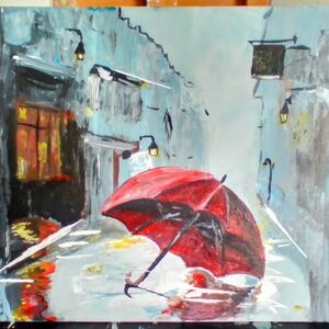 Vibrant Red Umbrella Street Art Canvas